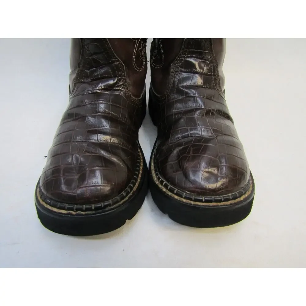 Roper Brand Youth Size 2 M Brown Leather Gator Print Cowboy Western Boots